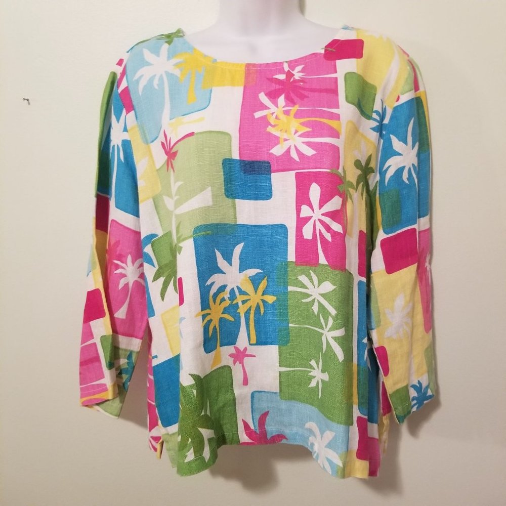 Hot Cotton Marc Ware M Linen Tropical Floral‎ Palm Trees Boxy Top